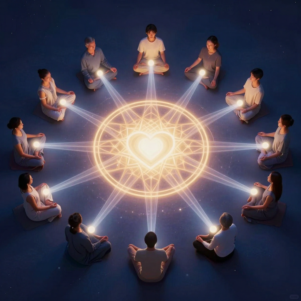 集体观照：A circle of people sitting in meditation, with transparent l