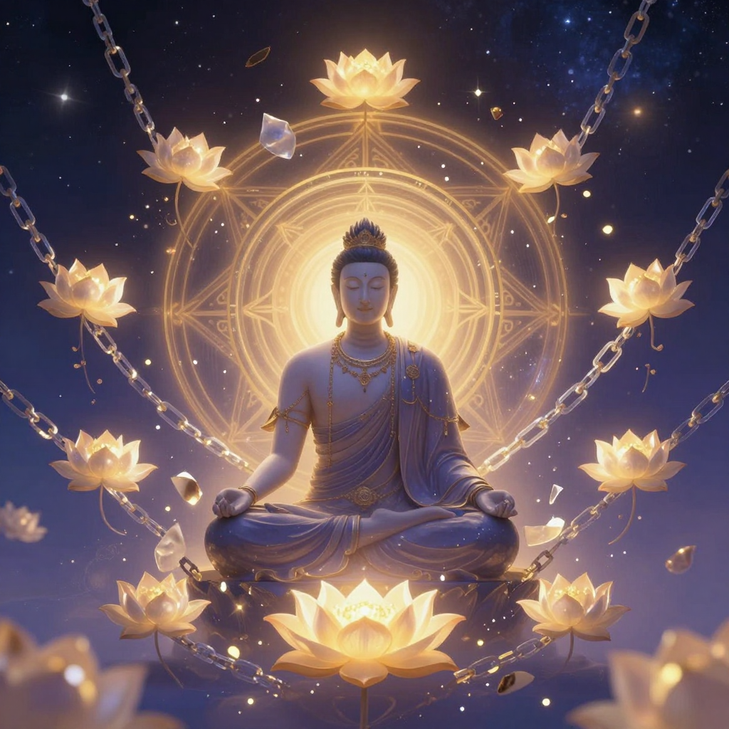 信念解构：A serene figure seated in meditation, surrounded by floating