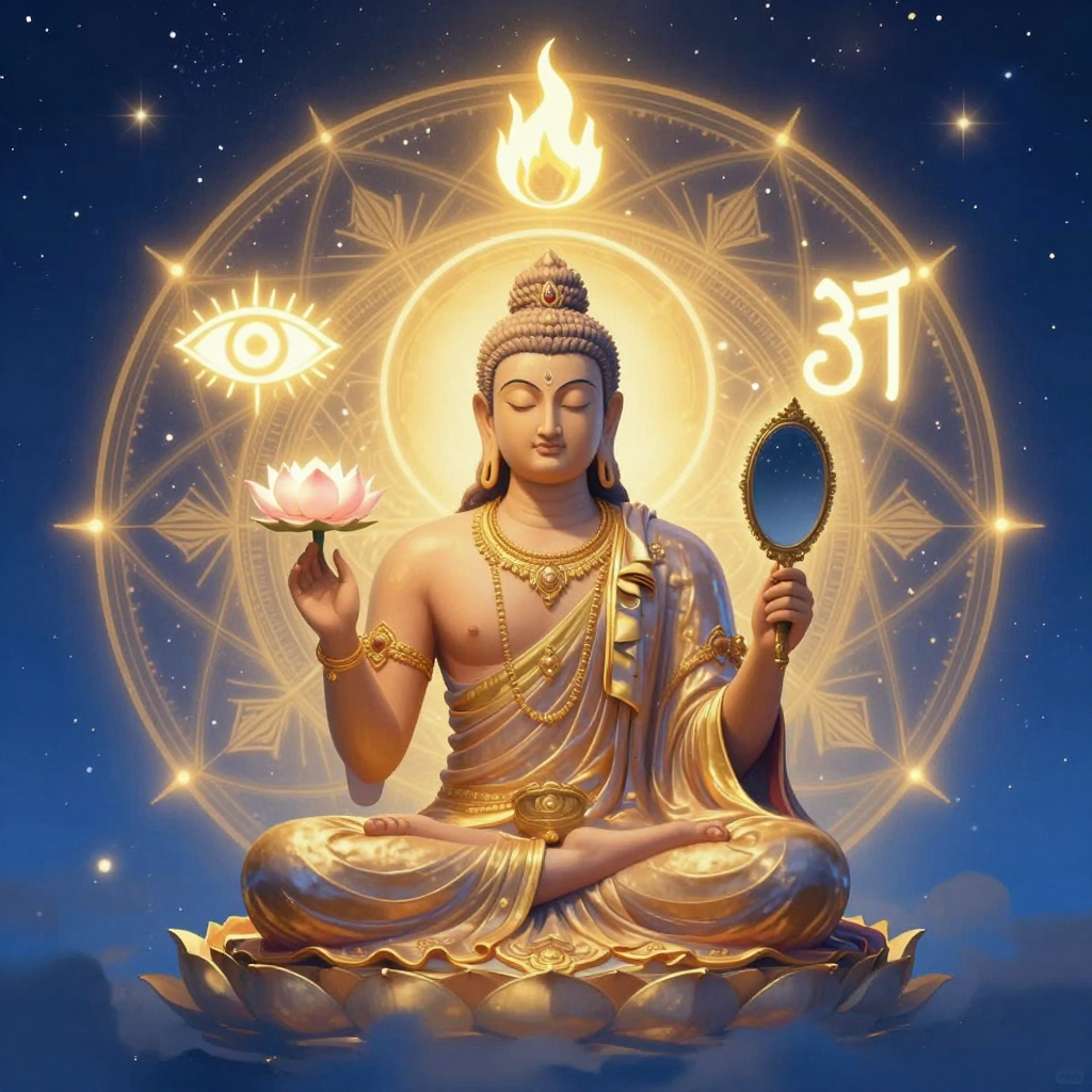 量论：A serene ancient Indian sage seated under a bodhi tree, hold