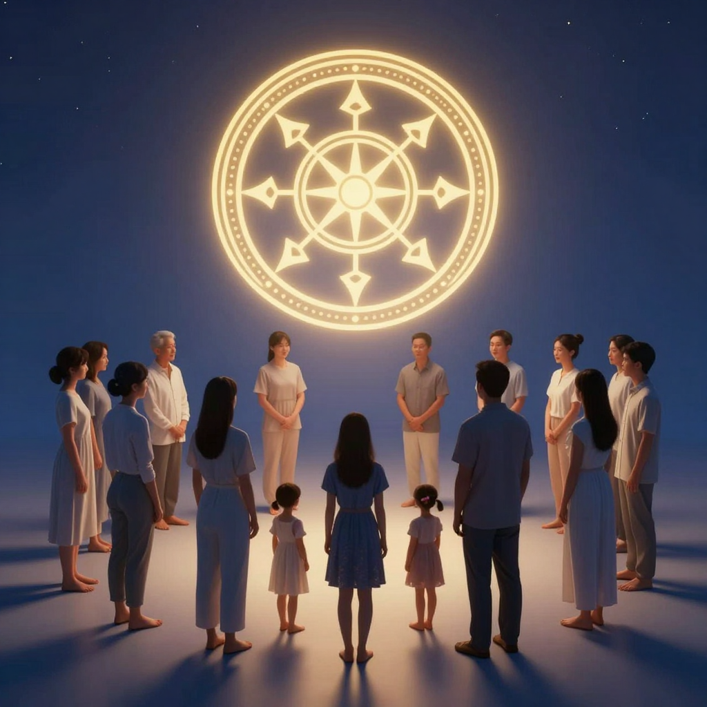 系统整合：A serene indoor setting with people standing in a circle, re