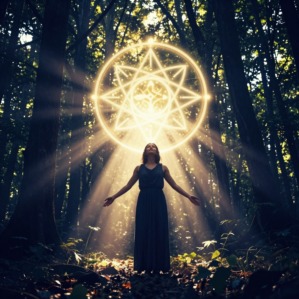 此在：A figure standing in a sunlit forest clearing, rays of light