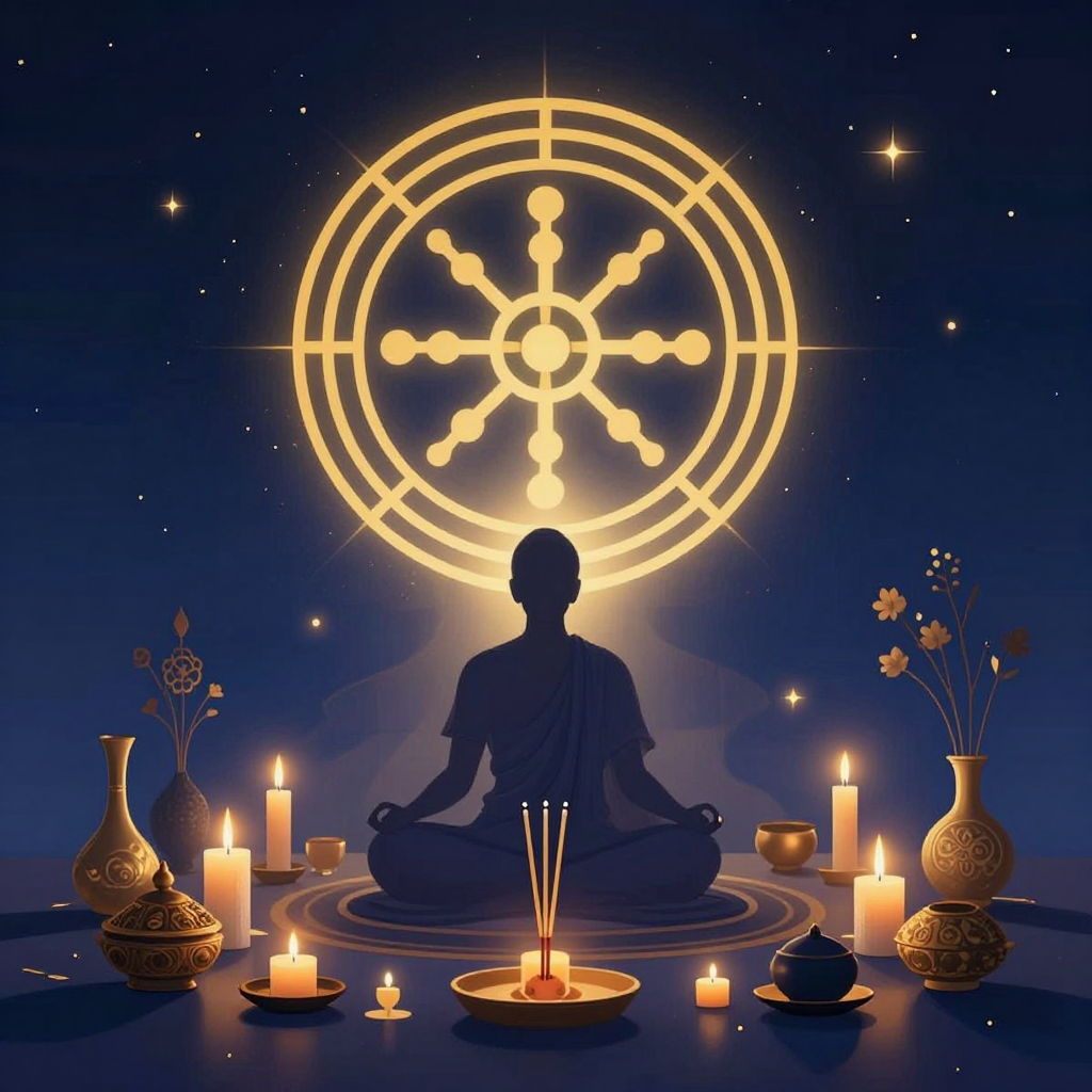 仪式治疗：A serene ritual scene blending Eastern and Western elements,