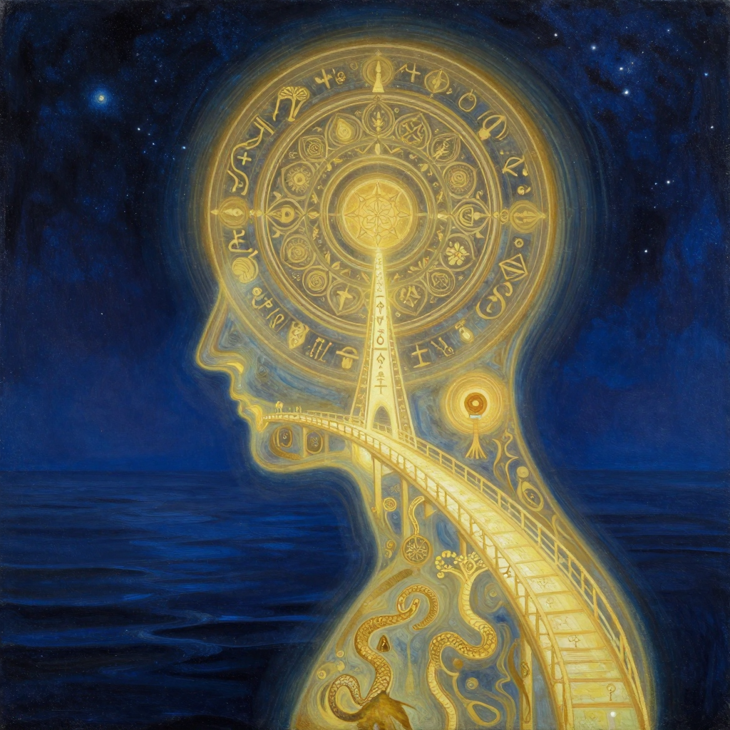 象征语言：A semi-abstract painting of a luminous bridge made of archet