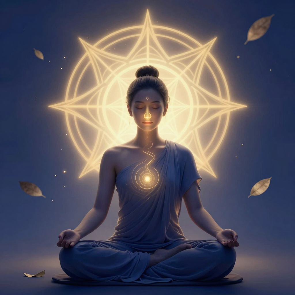 觉察呼吸：A serene person sitting in lotus position, eyes gently close