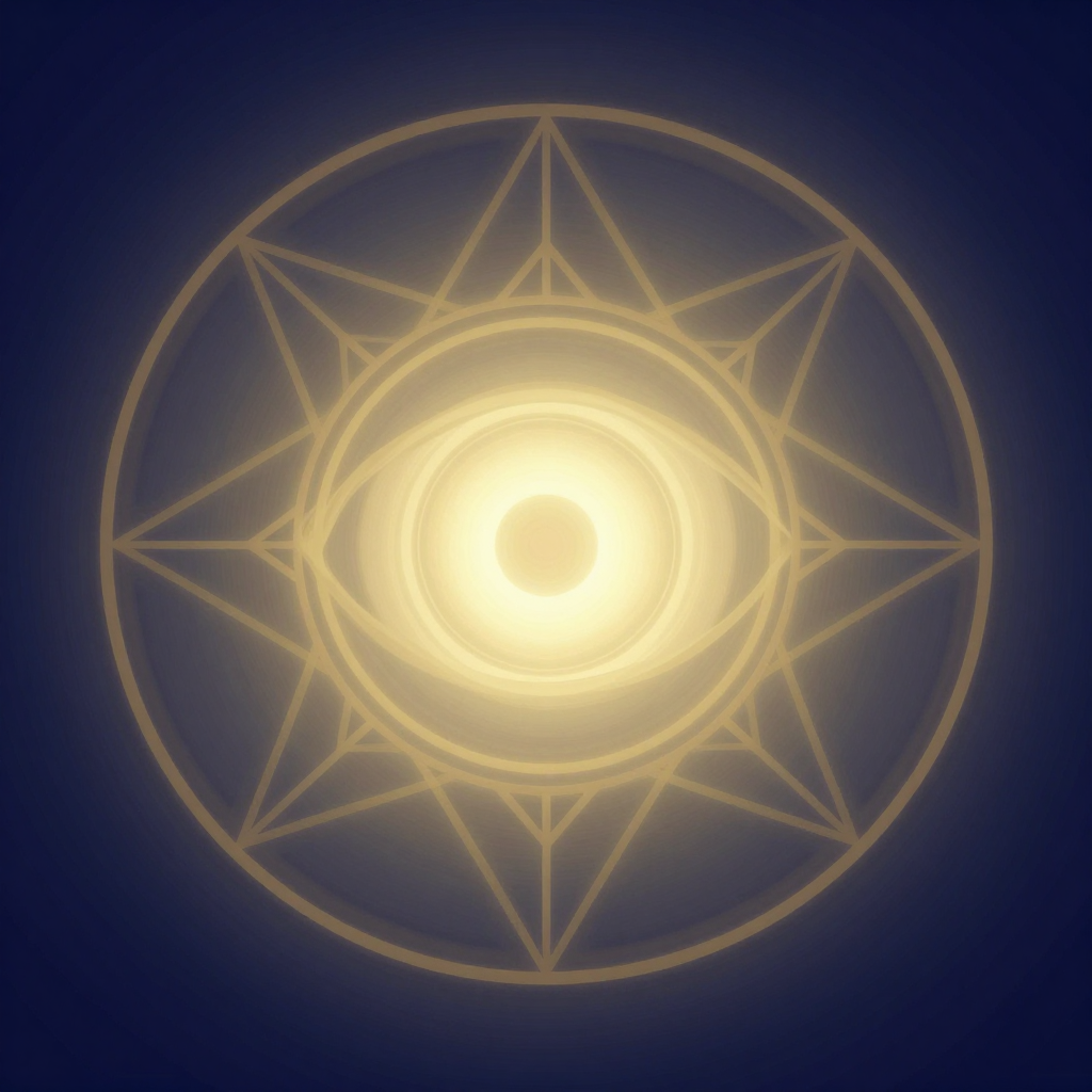 看⻅：A gentle, luminous eye gazing softly within, surrounded by a
