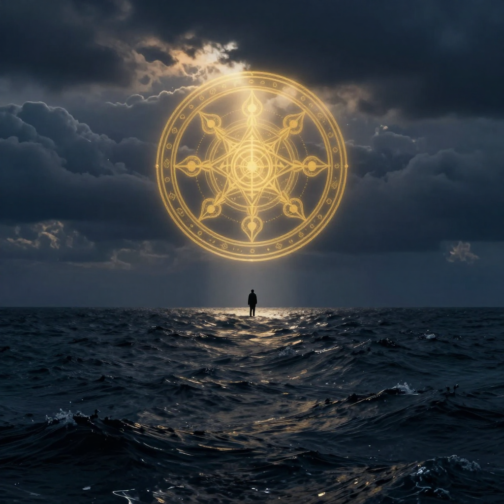 无助：A solitary figure standing at the edge of a vast, turbulent 
