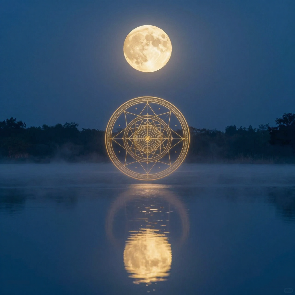 渐修顿悟：A serene lake at dawn with mist slowly clearing, revealing a