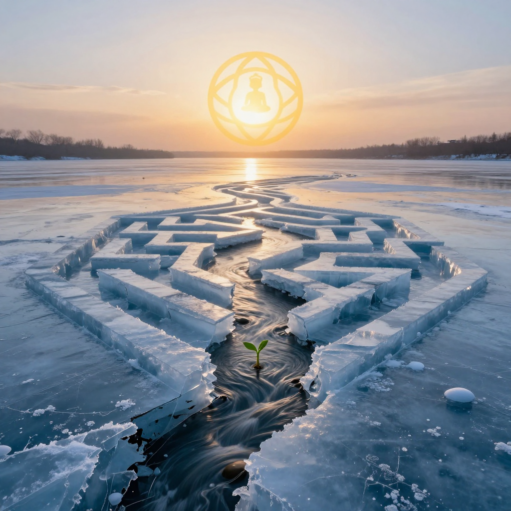 固着认知：A frozen river of ice, shaped like a rigid geometric maze, s