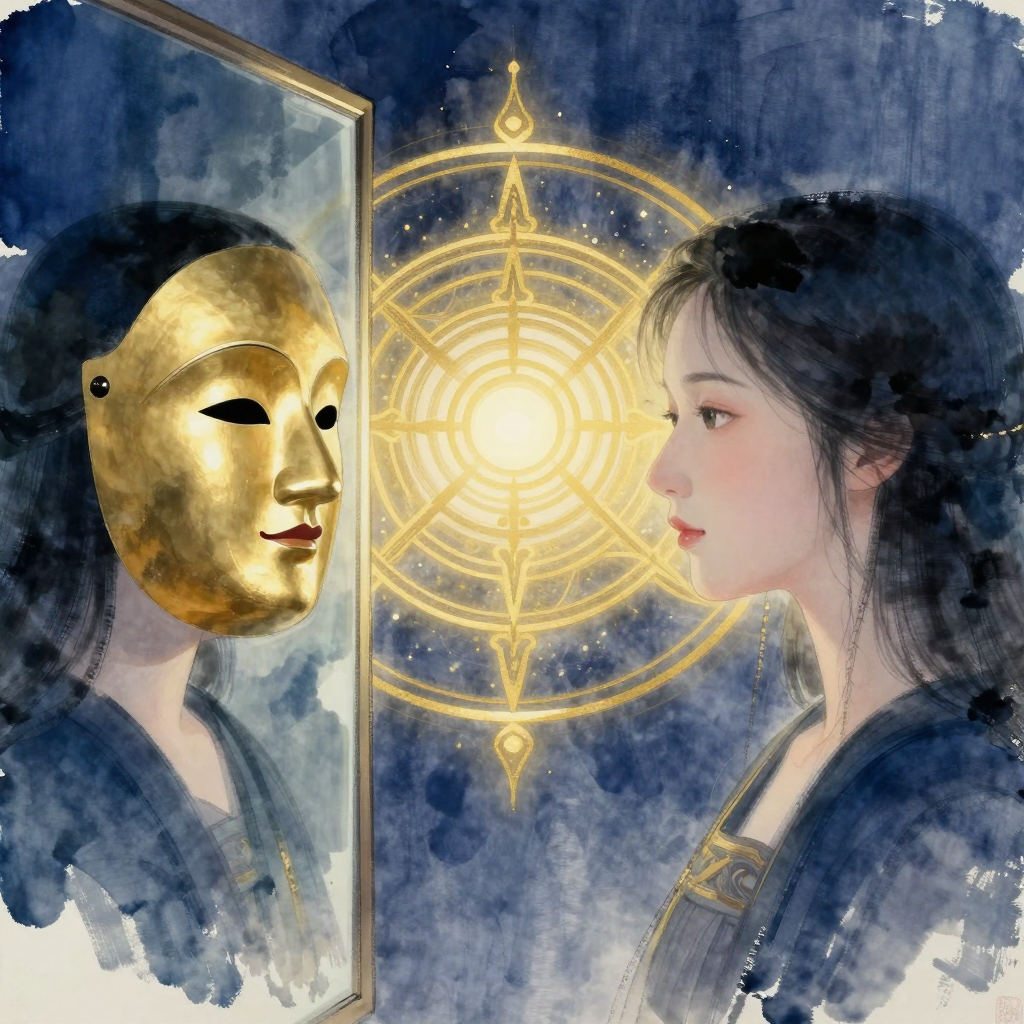自我呈现：A person standing between two mirrors: one reflects a polish