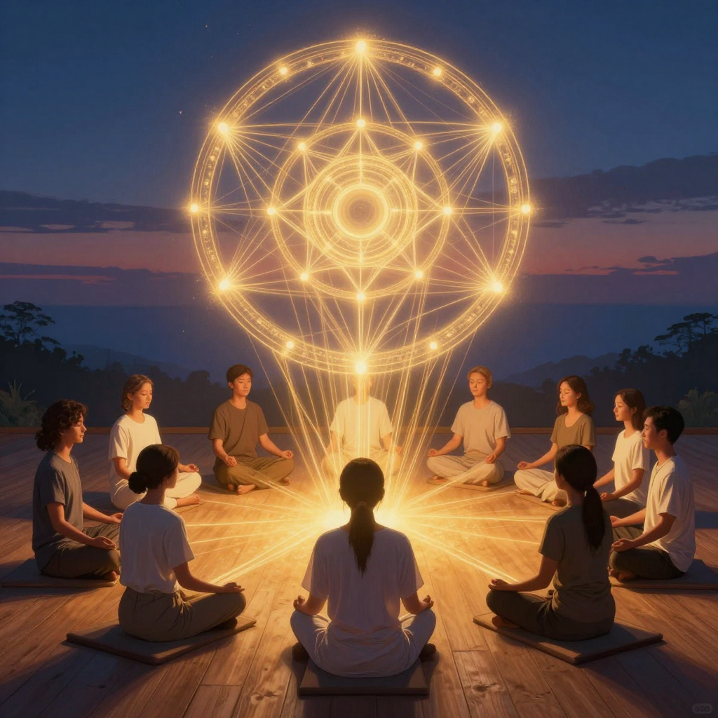 社群共修：A diverse group of people sitting in a circle on a warm wood