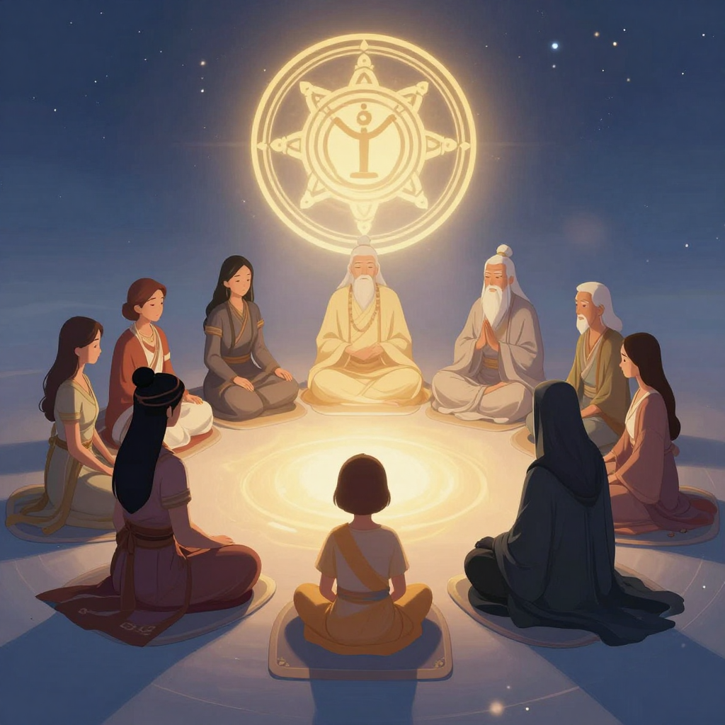自我部分：A serene illustration of a diverse group of inner characters