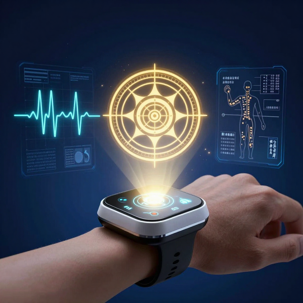 脉诊仪：A sleek, modern pulse diagnostic device with glowing sensors