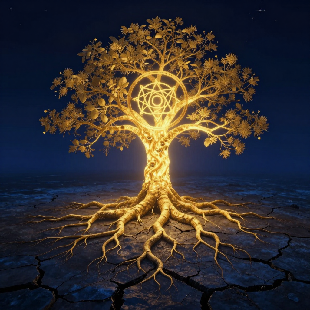 根源疗愈：A luminous tree with deep roots, cracks in the earth healing