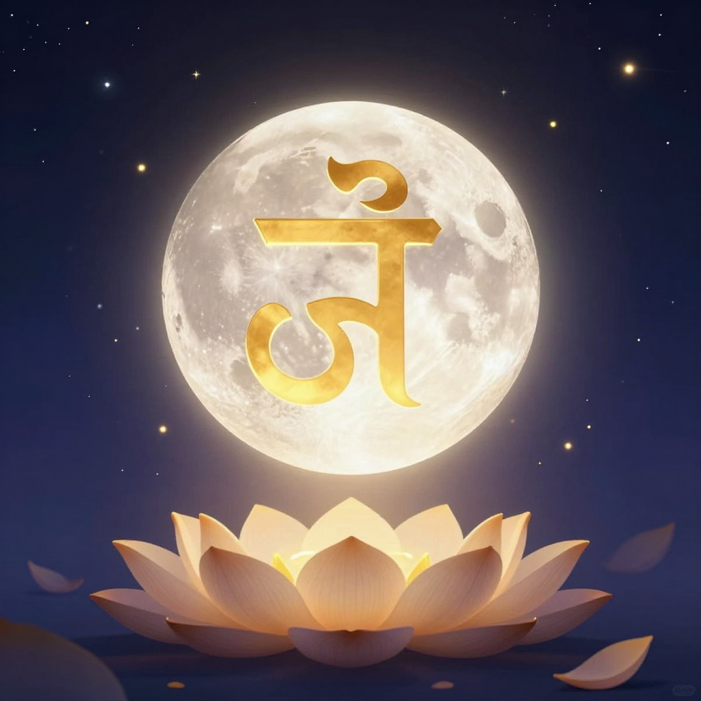 阿字观：A serene meditation scene with a glowing golden Sanskrit let