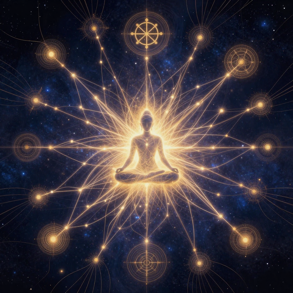 多世界诠释：A surreal illustration of branching quantum realities, with 