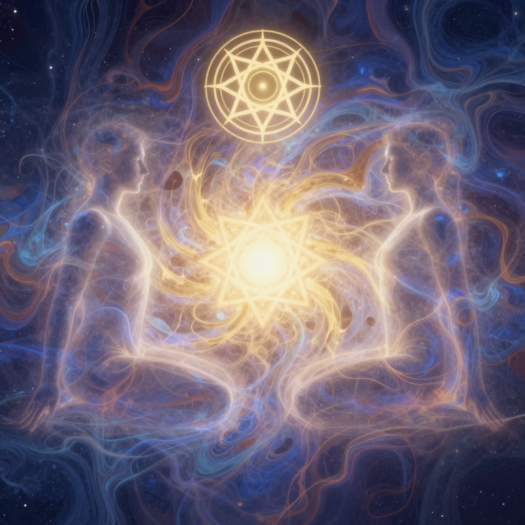 互动场域：Two human figures facing each other, their energy fields mer