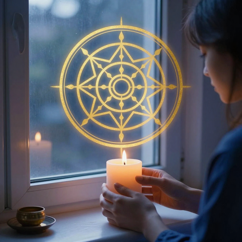 仪式主义：A person performing a quiet morning ritual, lighting a candl