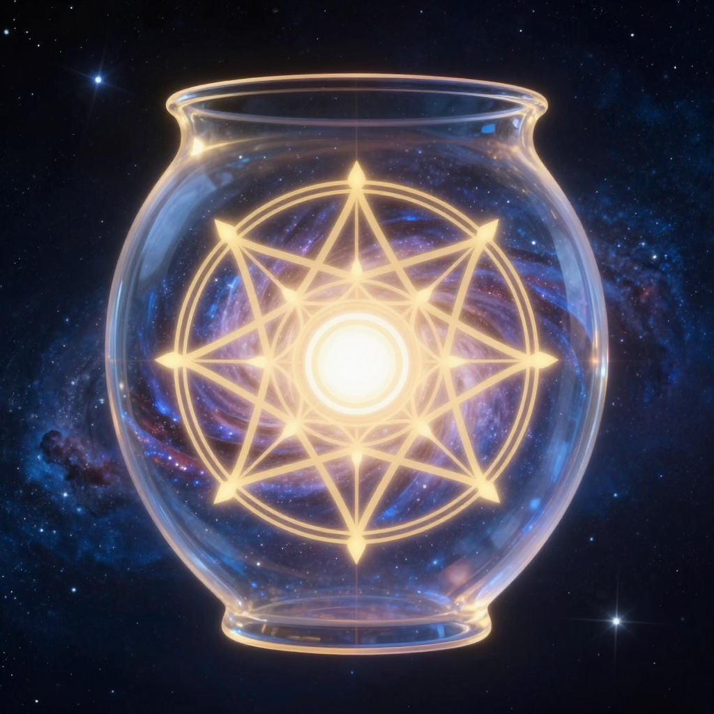 意识容器：A luminous, translucent vessel floating in cosmic space, con