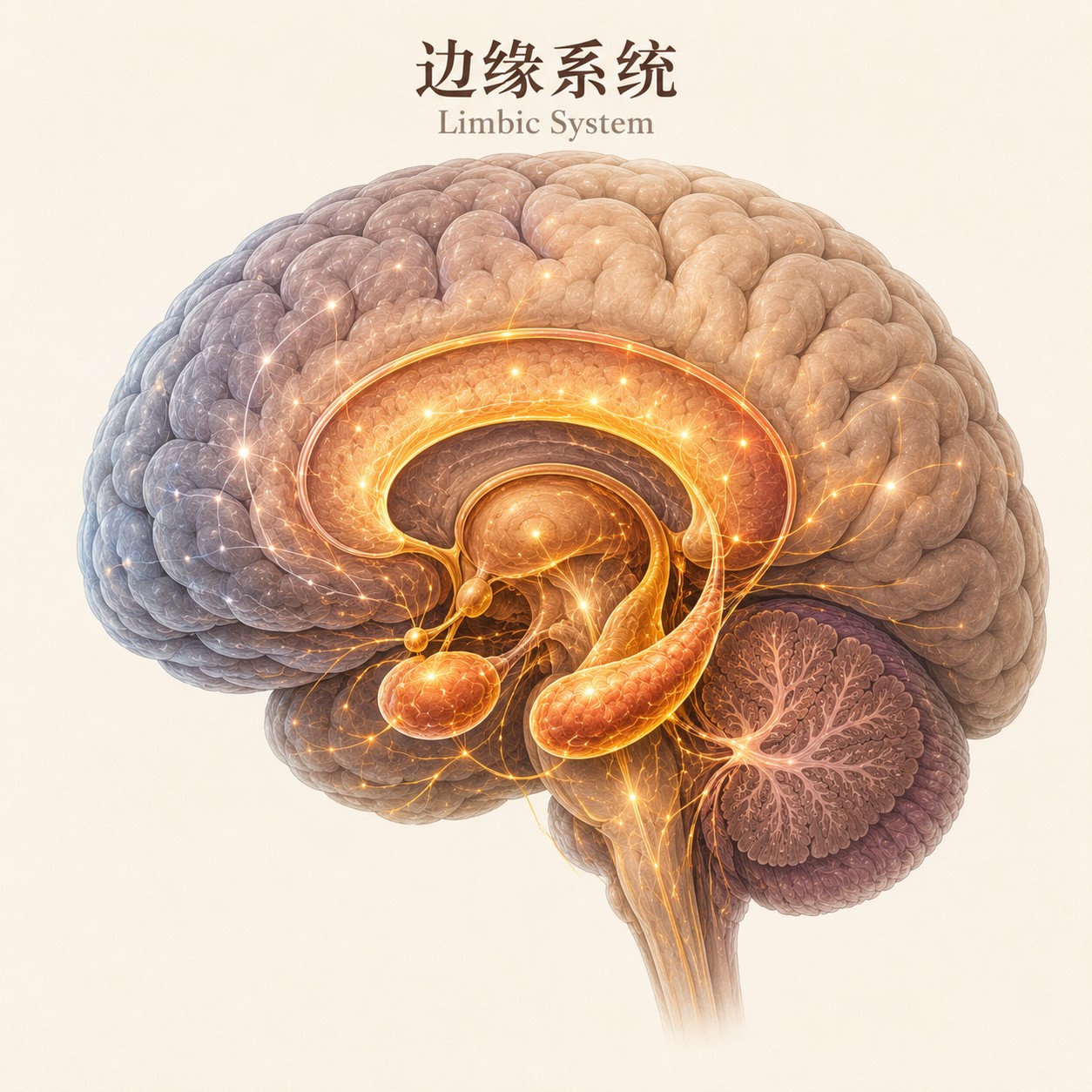 边缘系统：一组由极细金线勾勒的相互连接脑部结构悬浮于空处，中央是杏仁状杏仁核与海马形海马体，其余结构以简约线条相连延伸向四周