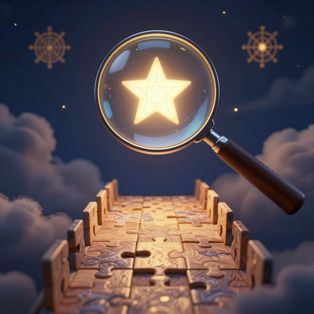 焦点解决短期治疗：A magnifying glass focusing on a single glowing star among d