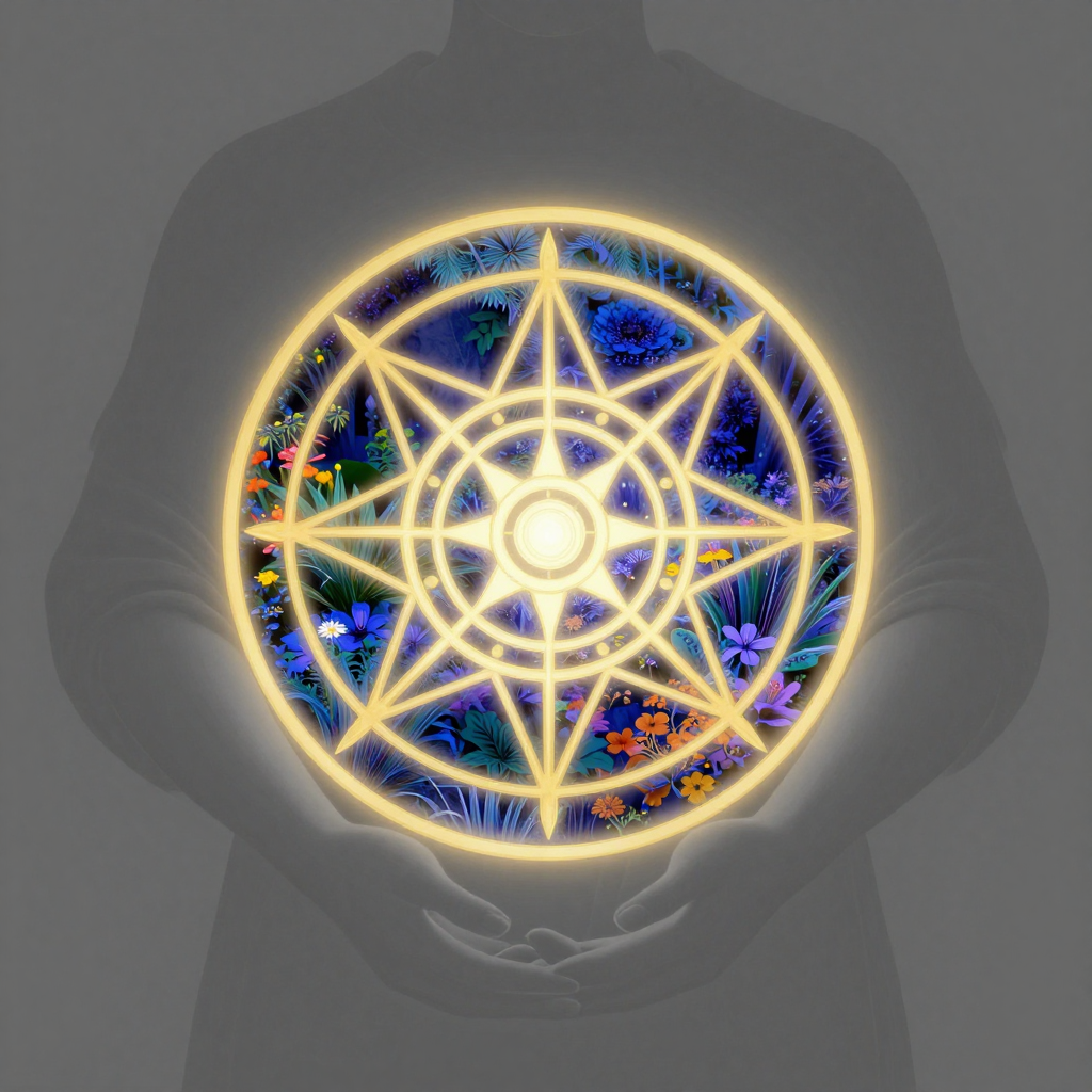 框架：A figure holding a luminous frame, through which a vibrant g