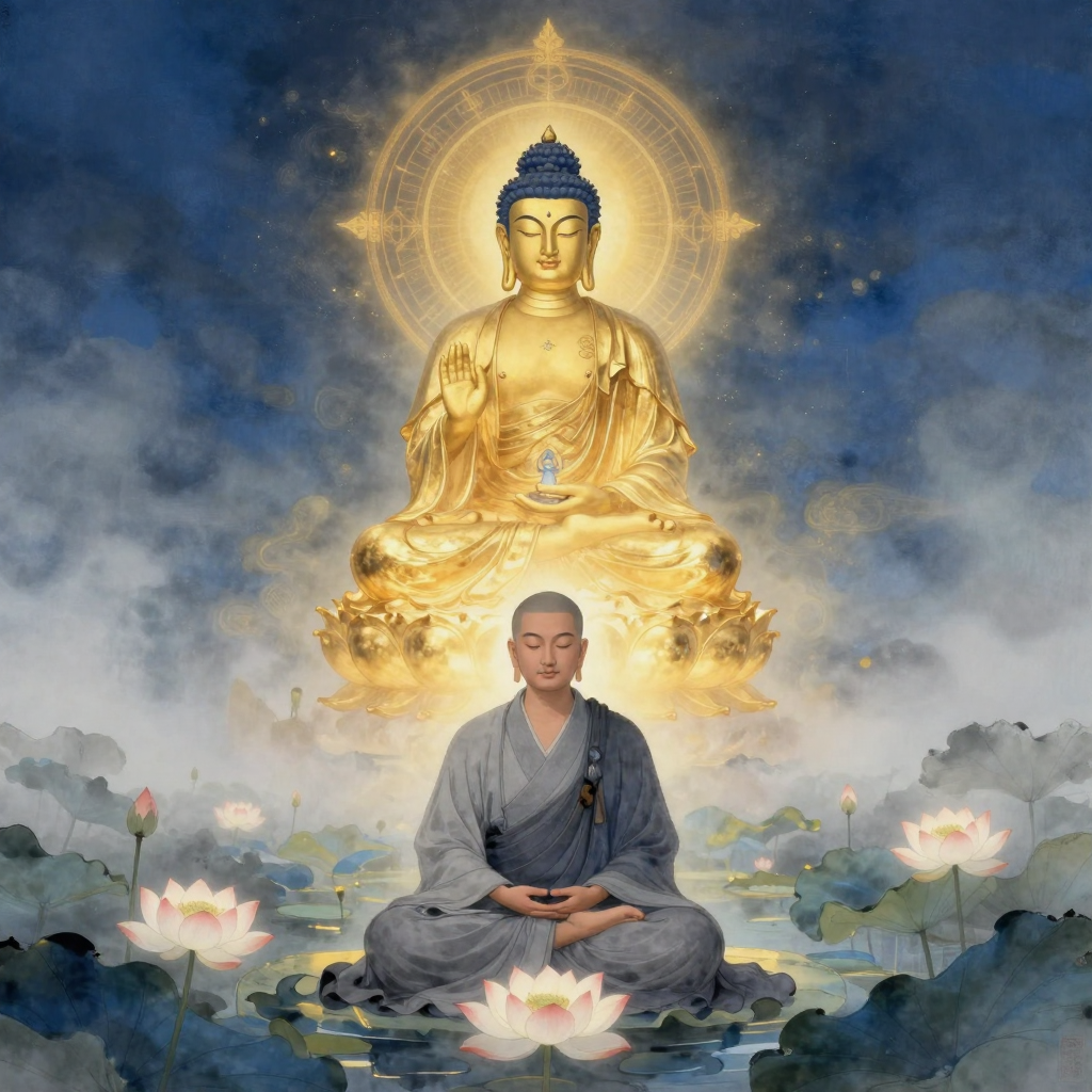 昙鸾：A serene Chinese monk in gray robes meditating by a lotus po