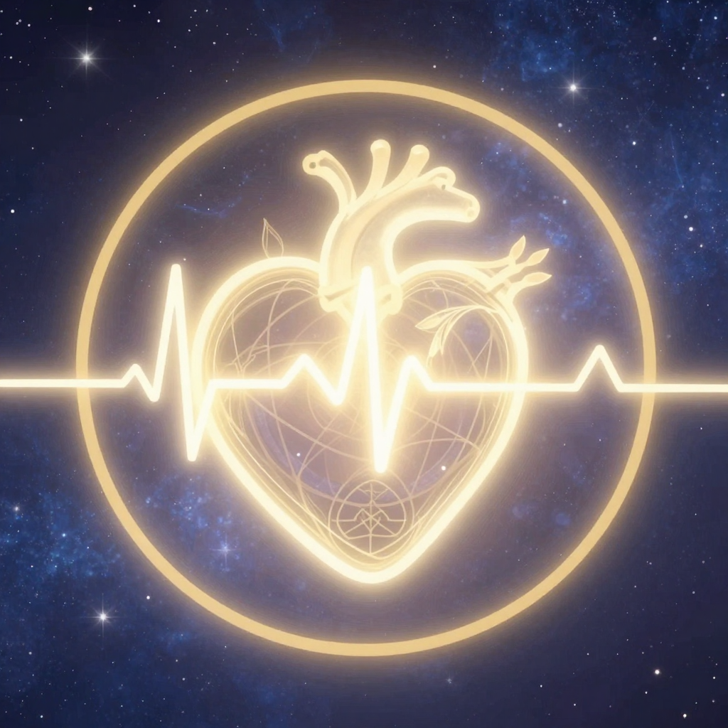心率：A luminous heart, its rhythmic waves merging with breath, na