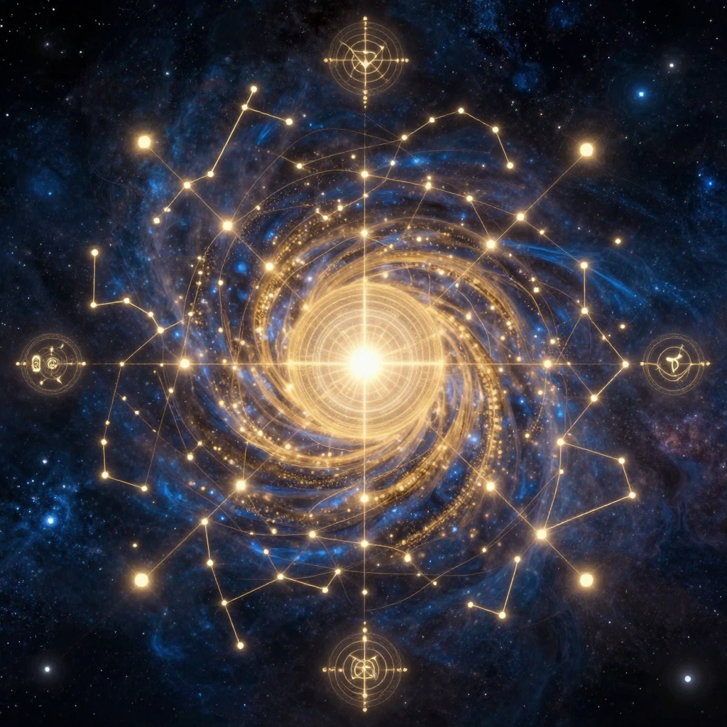 灵性地图：A mystical, ancient map with glowing constellations, pathway