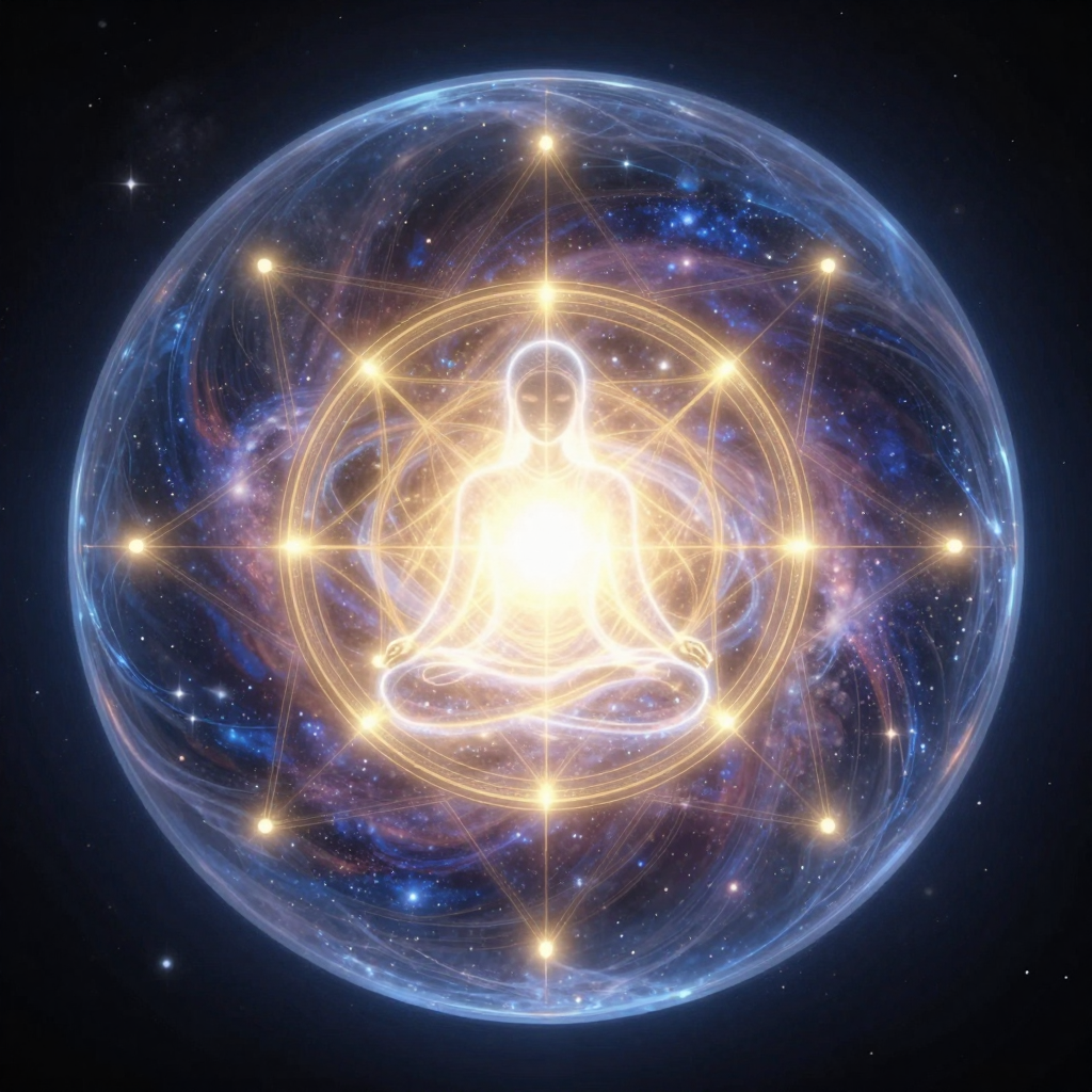 意识本体：A luminous, transparent sphere containing swirling galaxies,