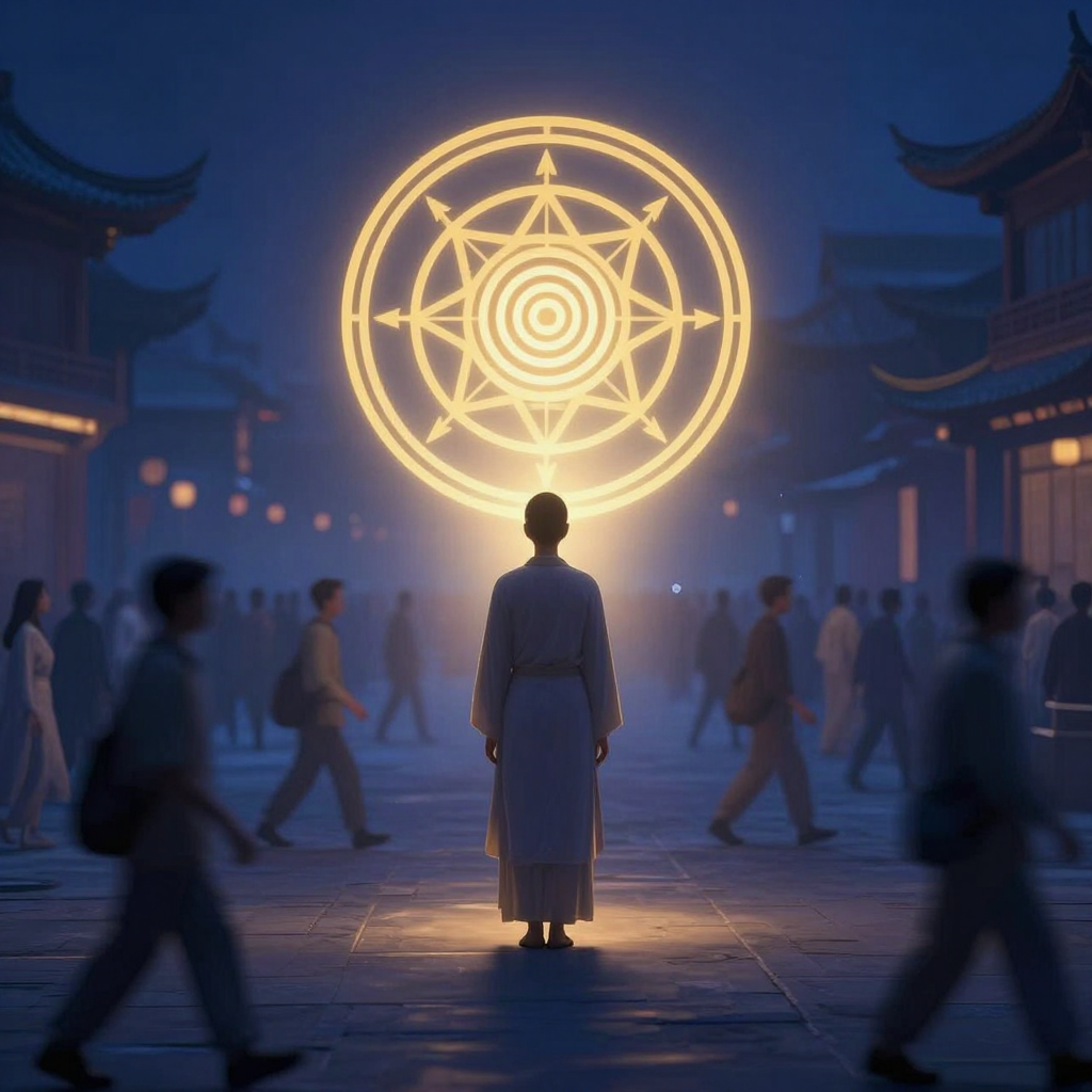 暂停实践：A serene figure standing still amidst a blur of rushing crow