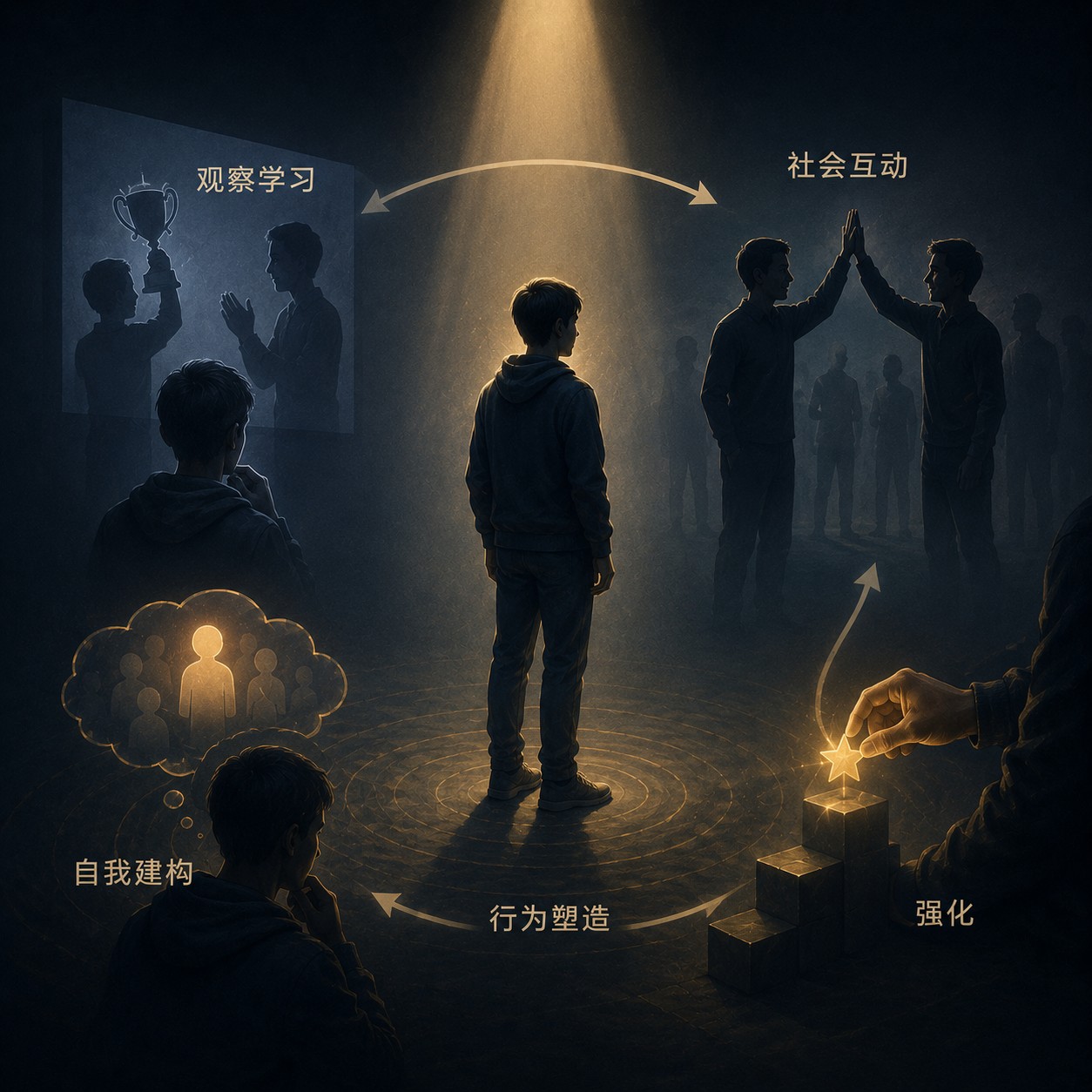 社会行为主义：两个人影相对而立，一人正向另一人演示一个手势动作，后者专注观察模仿；背景中浮现一枚简洁的笑脸符号，置于空旷深色中，笑脸是