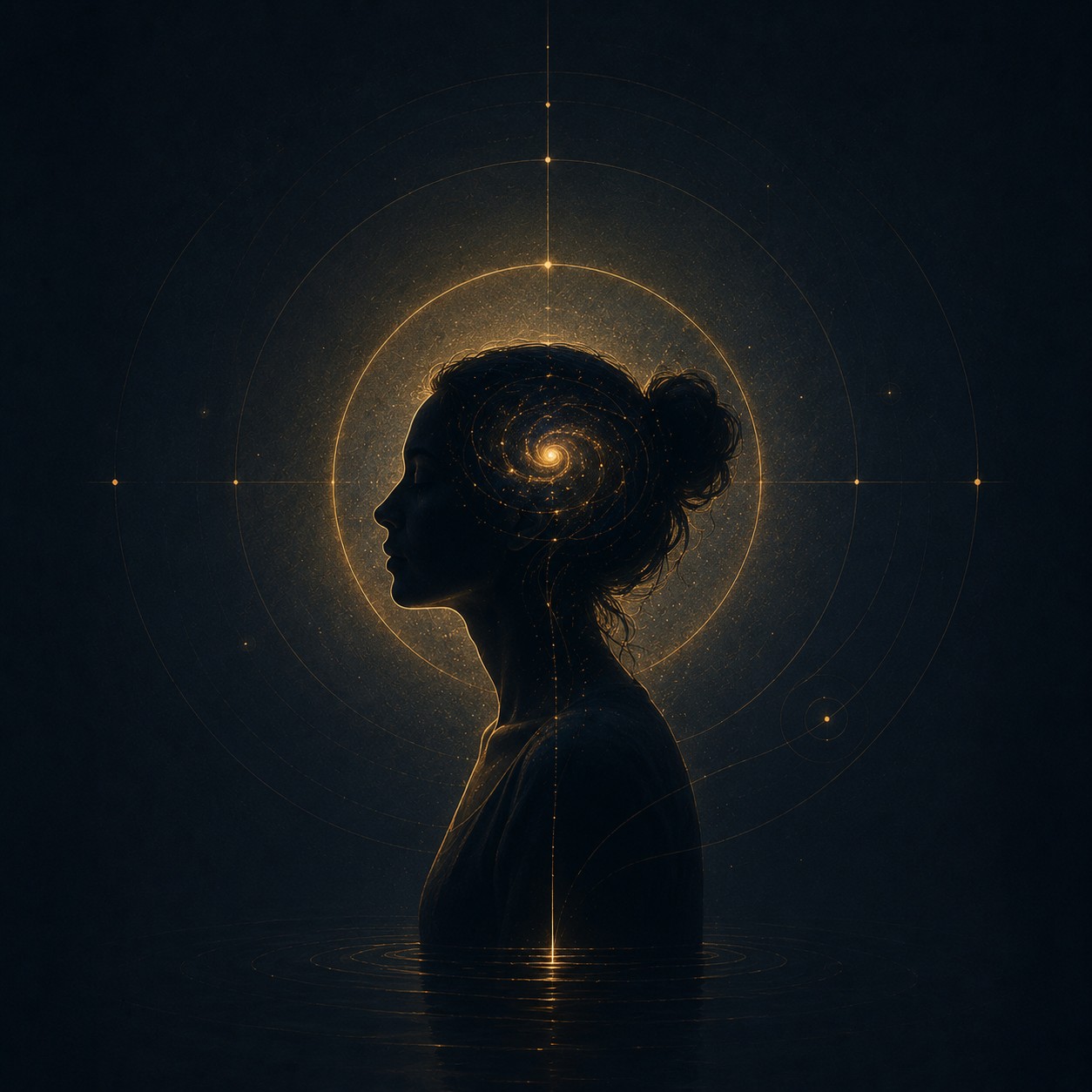 意识：一盏柔和通透的灯悬于剧场正中，光晕缓缓漫开，空荡剧场的舞台与座椅沉在微光边缘处，四下归寂，唯灯光本身是画面唯一的微光来源