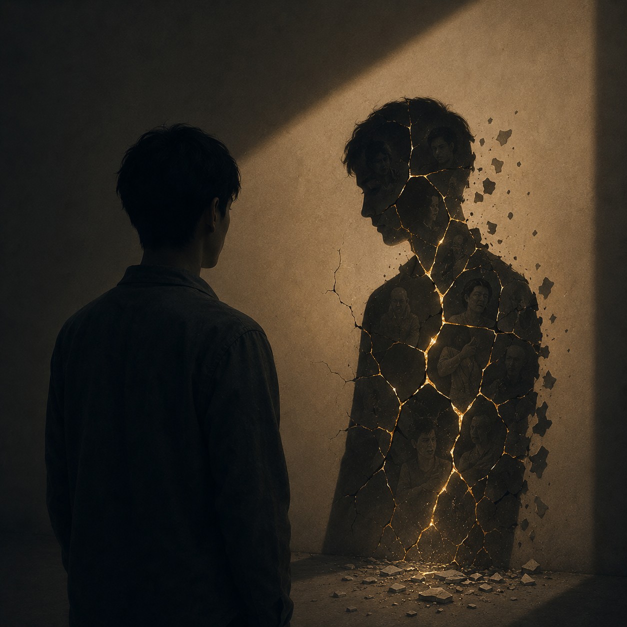 阴影：一个背对光源站立的人影，其投射在地面的阴影比实体更为深浓且边缘微有模糊波动的质感，两者轮廓严格对应但阴影略作变形，四周空