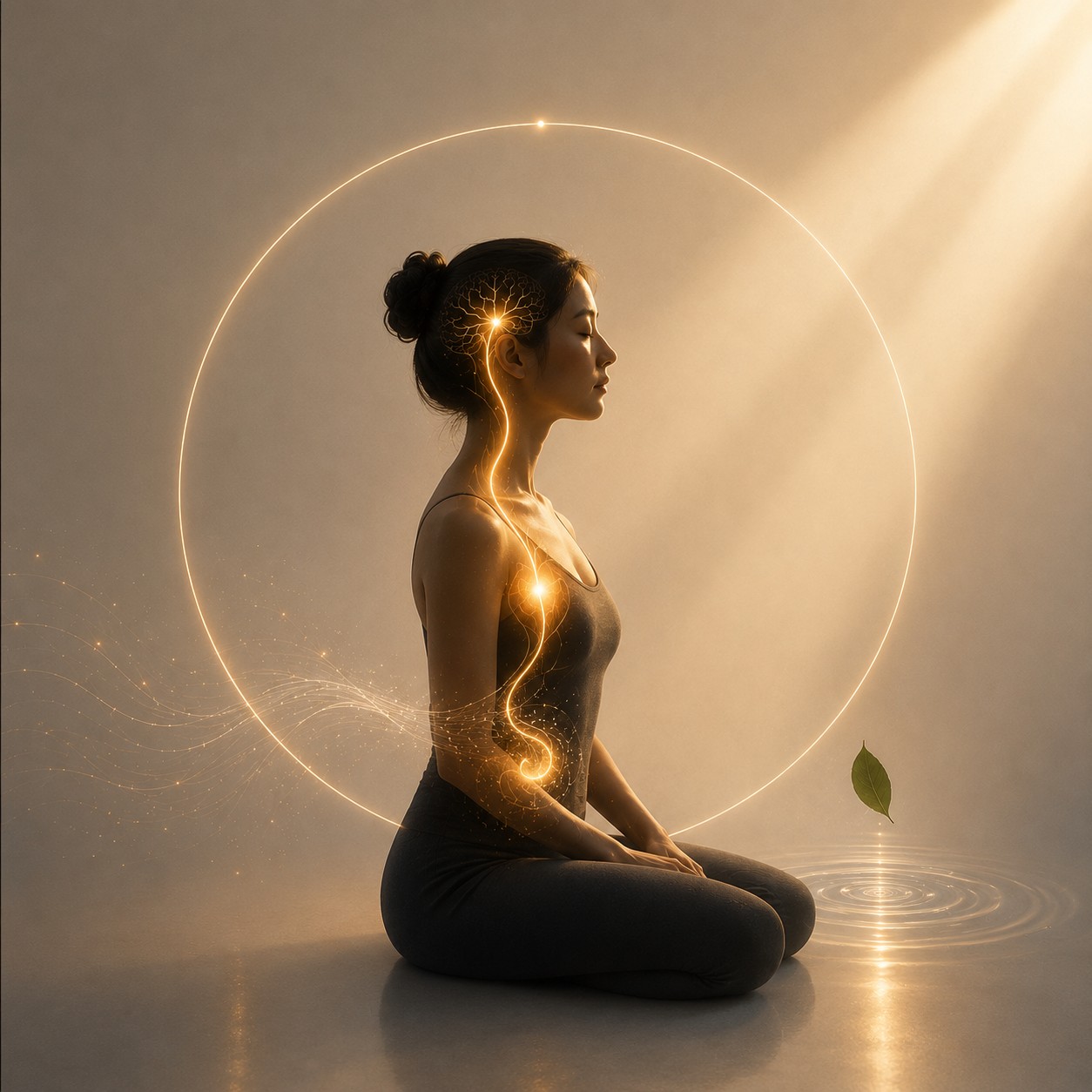 身体觉察：一个人背影盘坐于空处，双手轻触腹部，头微微低下，视线垂向触处，手掌与躯干的接触点是画面唯一的暖意来源，余处归于大片留白