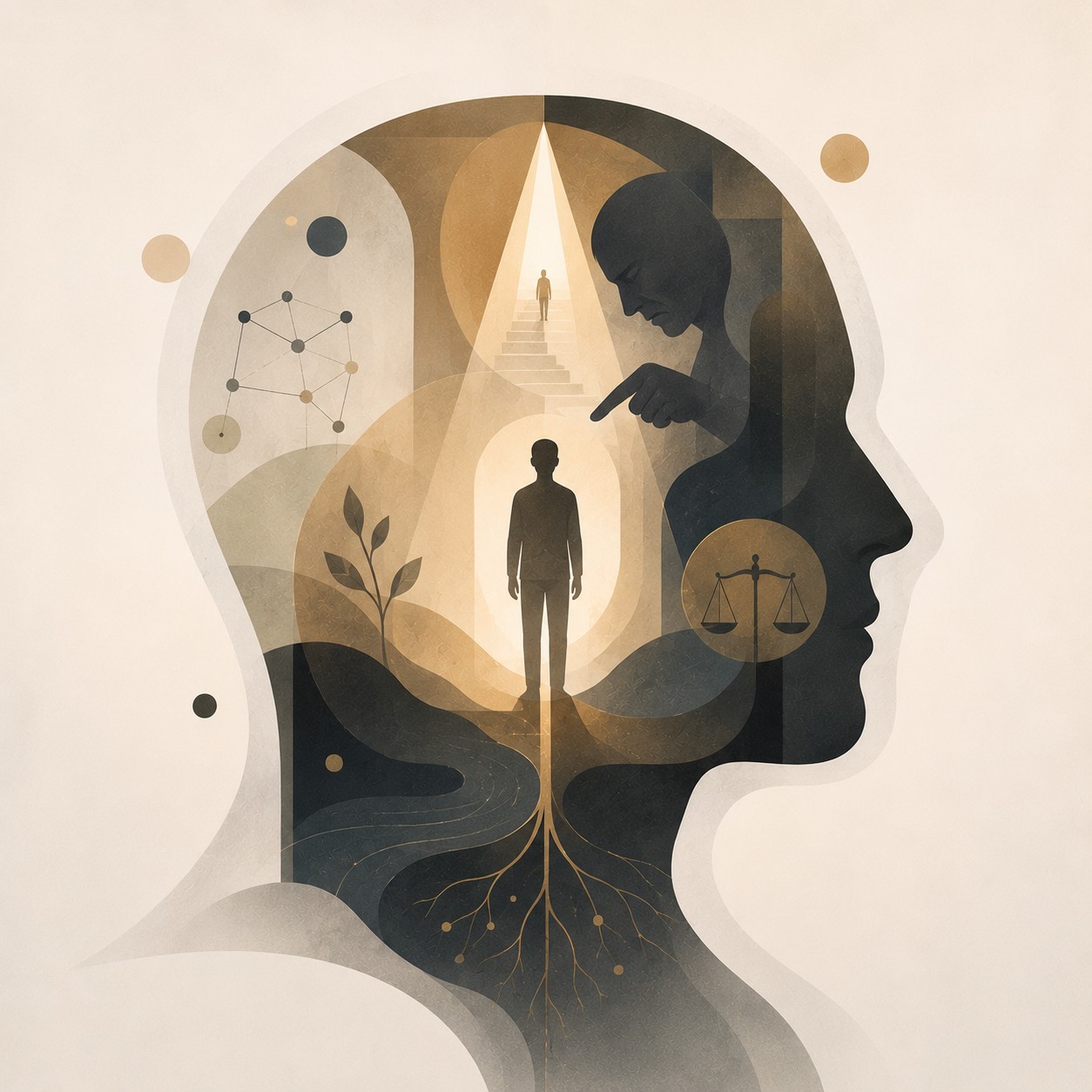超我：一个冷面法官造型的木偶悬浮于空，其提线末端系着翻开的法典与校规册，木偶蹙眉俯视下方，四周留白，法典书页缝隙间透出一线微光