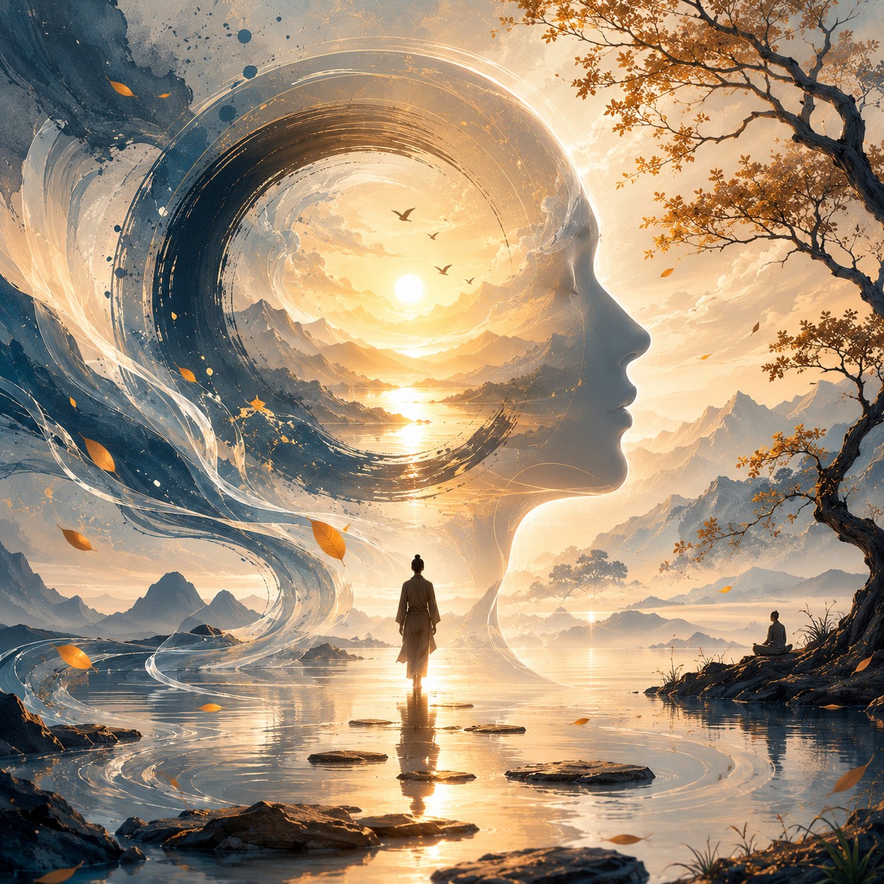 明心见性：一面素朴的青铜圆镜立于石台，镜面澄澈无尘映出虚空，四周大片留白，镜缘泛起一处微光