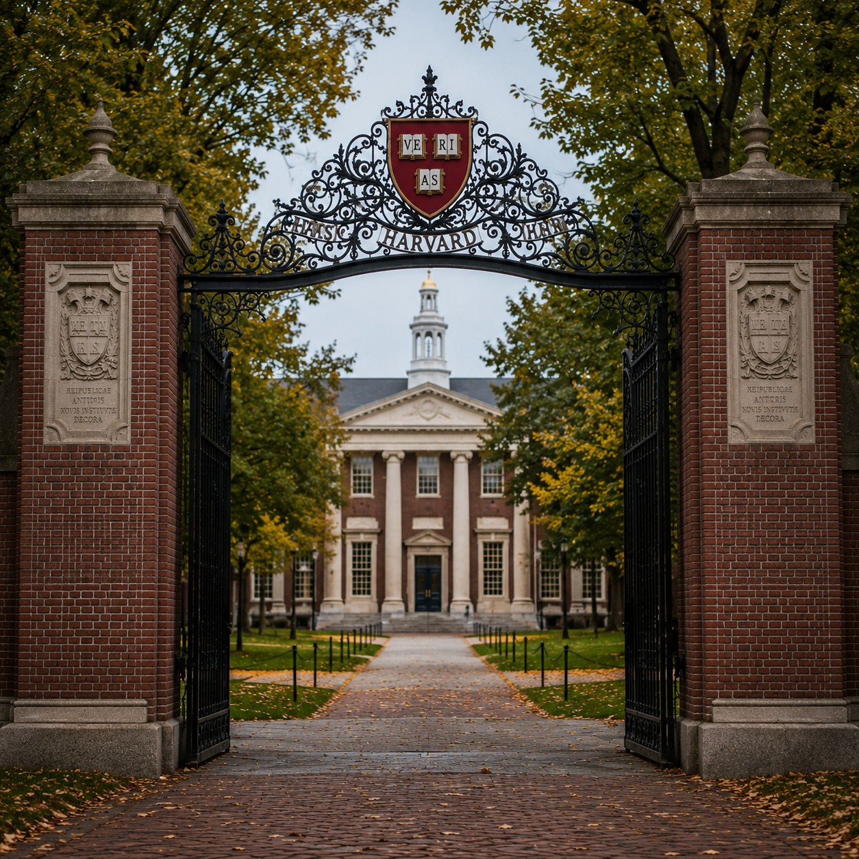 哈佛大学：深红盾形纹章置于近黑背景中央，三本打开的书页朝上排列，徽章轮廓线微微透出暖意