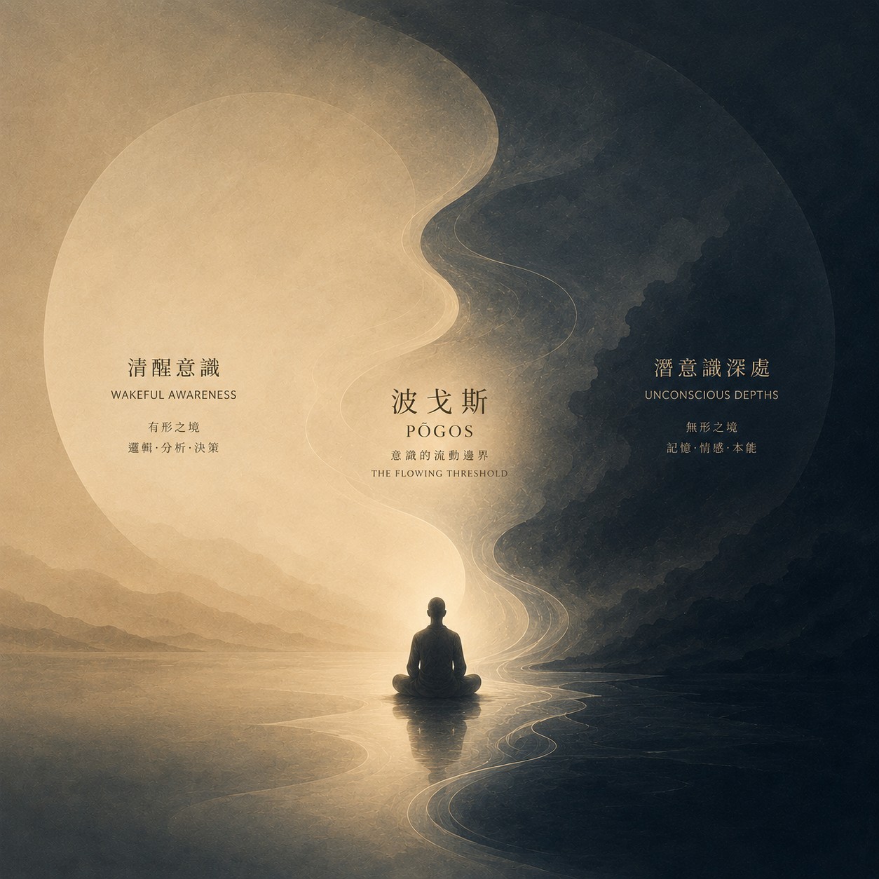 波戈斯：一片平静的水面，上方漂浮着稀薄的晨雾，水与雾气之间没有清晰界线，只有渐变的半透明过渡，远处水天相接处融入空茫，画面中央偏