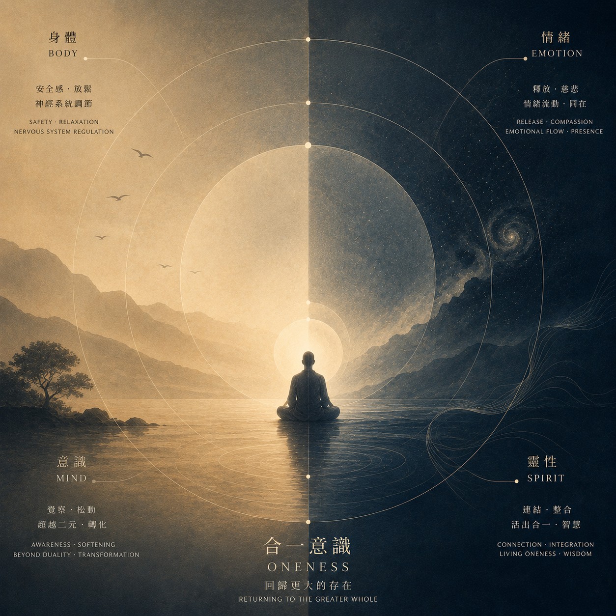 合一意识：一片近黑背景中浮现一道极淡的光晕，光晕边缘完全消融于空处，没有任何轮廓线，中心微亮处向四周渐隐为无，整体如呼吸般轻柔