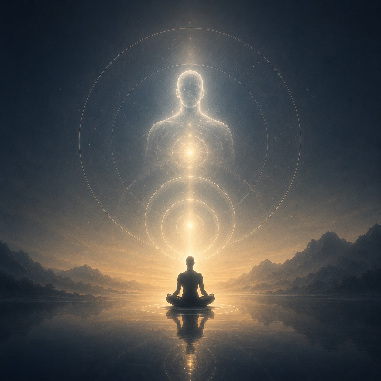 超个人自我：一个透明无边的光环悬于大片空处，光环中心是一双微闭的眼睛，目光内收而非望向外界，光环边缘渐隐于四周空旷，余无一物