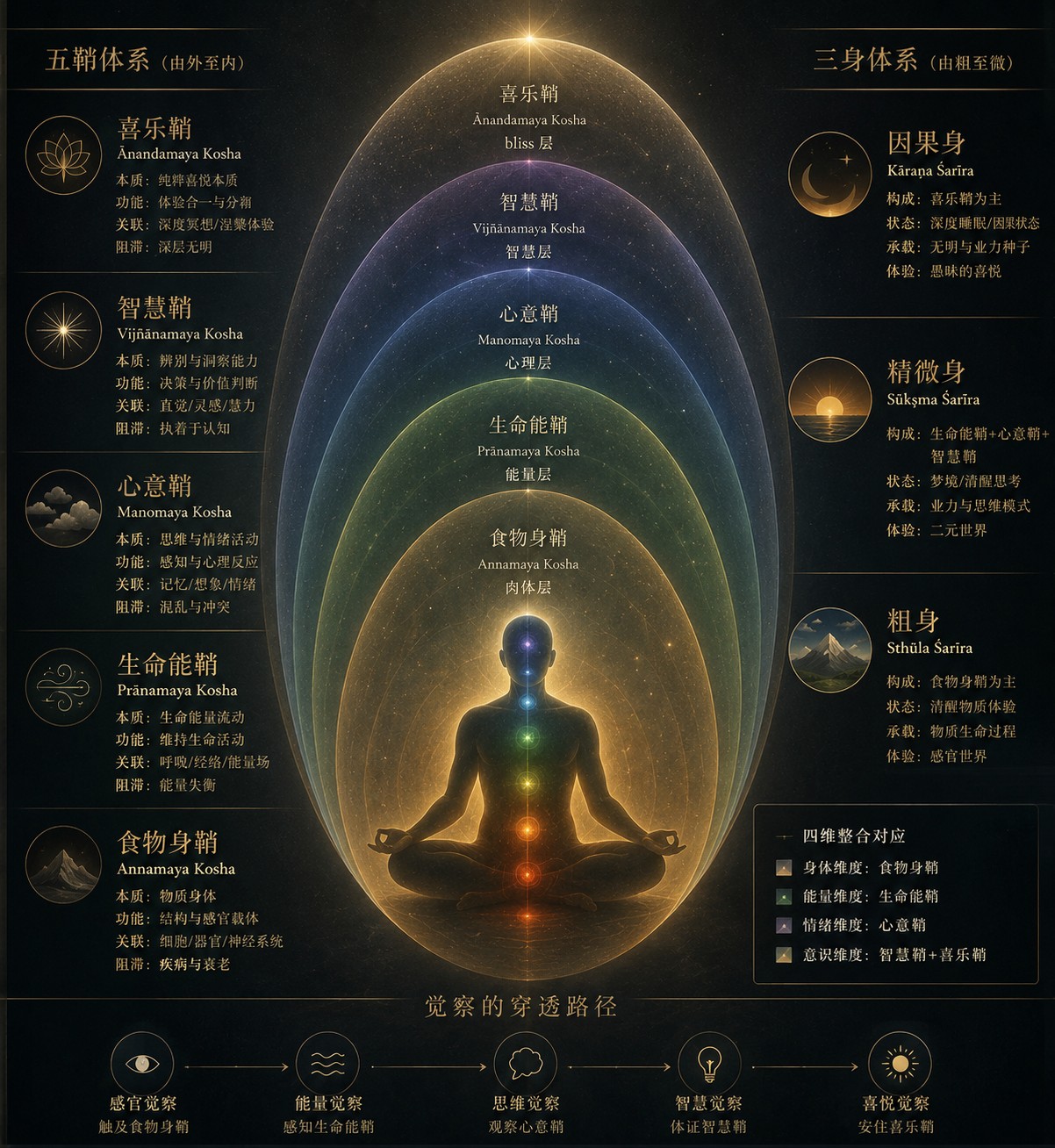 三身五鞘：一个由外至内渐细的五层同心圆剖面，外层粗糙如石纹，向内逐层细腻，最内核为一团空明，四周大片留白，一处极细微光从核心透出