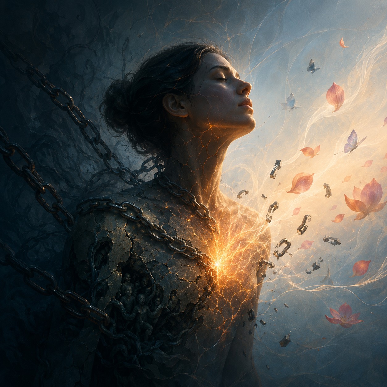 情绪阻塞：A translucent figure with glowing energy channels blocked by