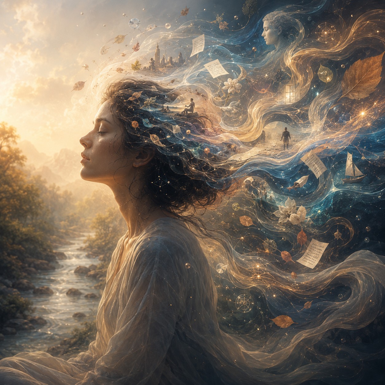 意识流动：A luminous river flowing through a landscape of brain neuron