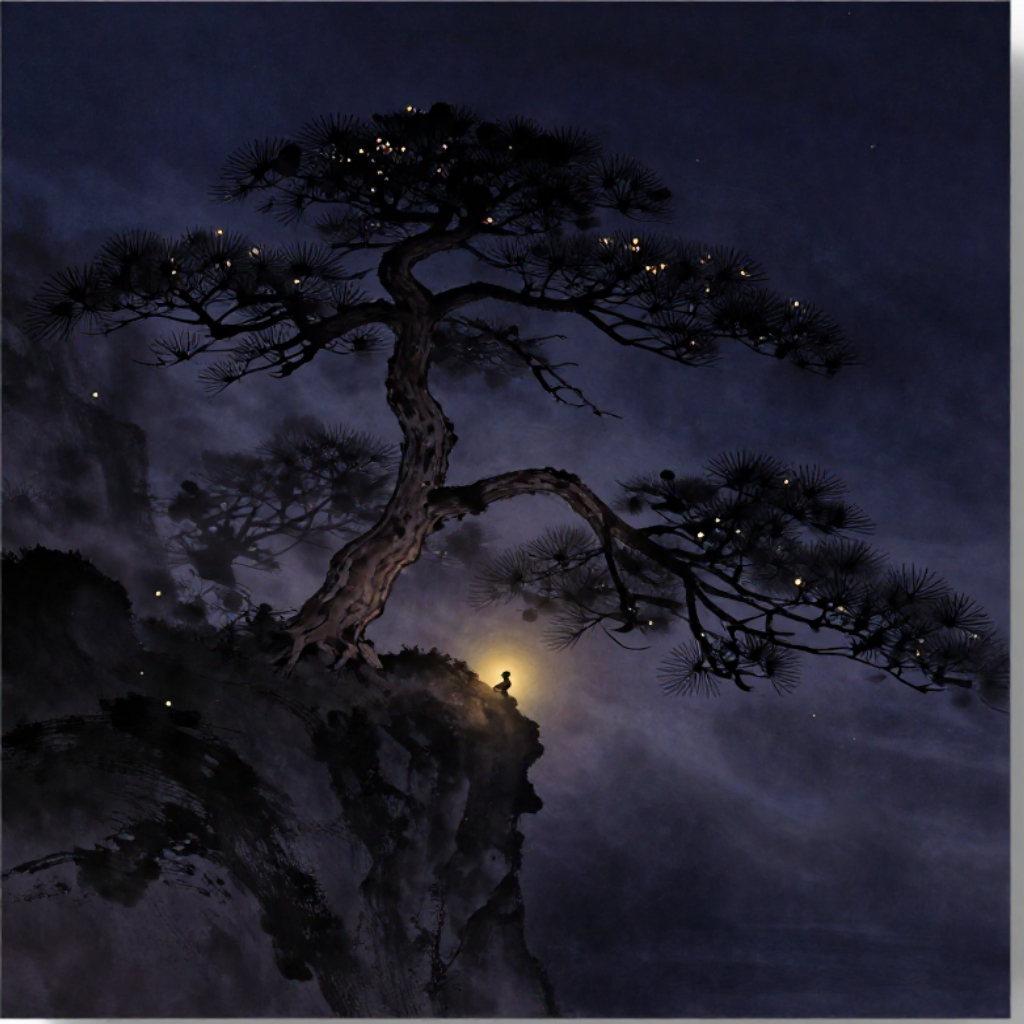 中国哲学：一株苍劲古松斜出石崖，虬曲枝干间有袅袅薄雾缠绕流转，如气沿经络运行，枝梢新芽初绽，下方大片留白，松根处透出一缕极细微光