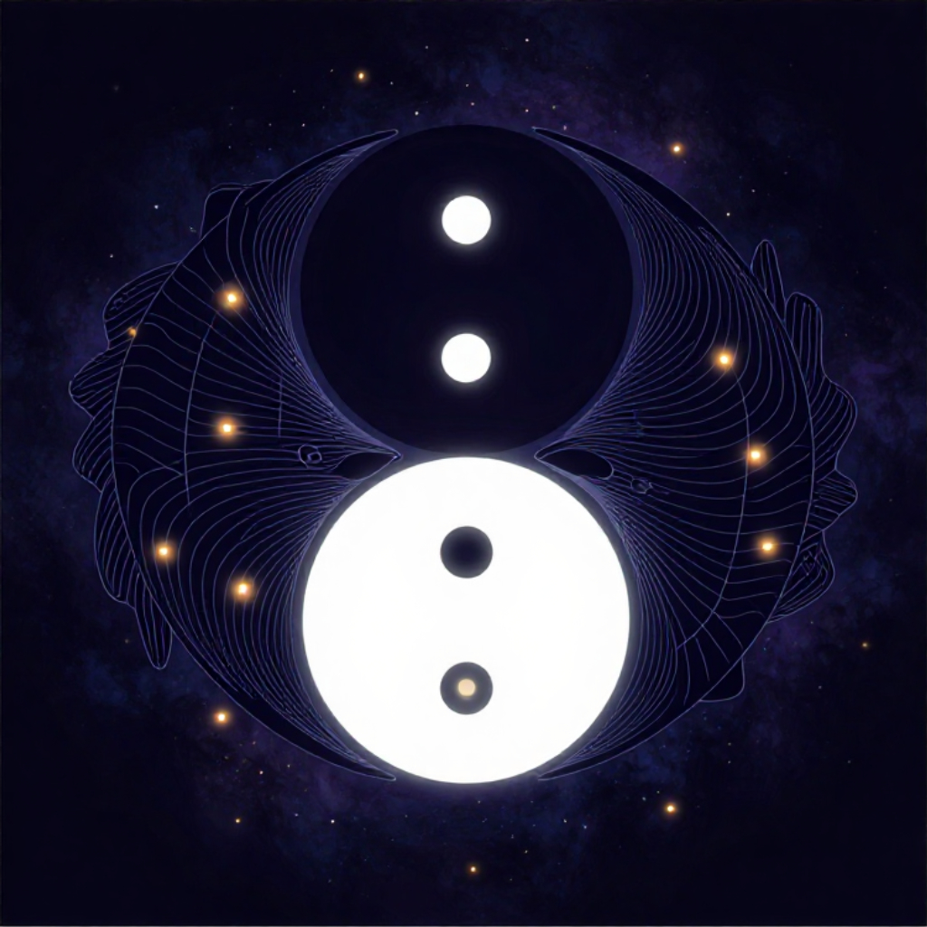 尼尔斯·玻尔：一枚极为清晰精准的太极阴阳鱼图案悬于大片空处，双鱼首尾相衔、黑白分明，结构严谨如科学图谱，鱼眼处各有一缕极细微光，余处皆